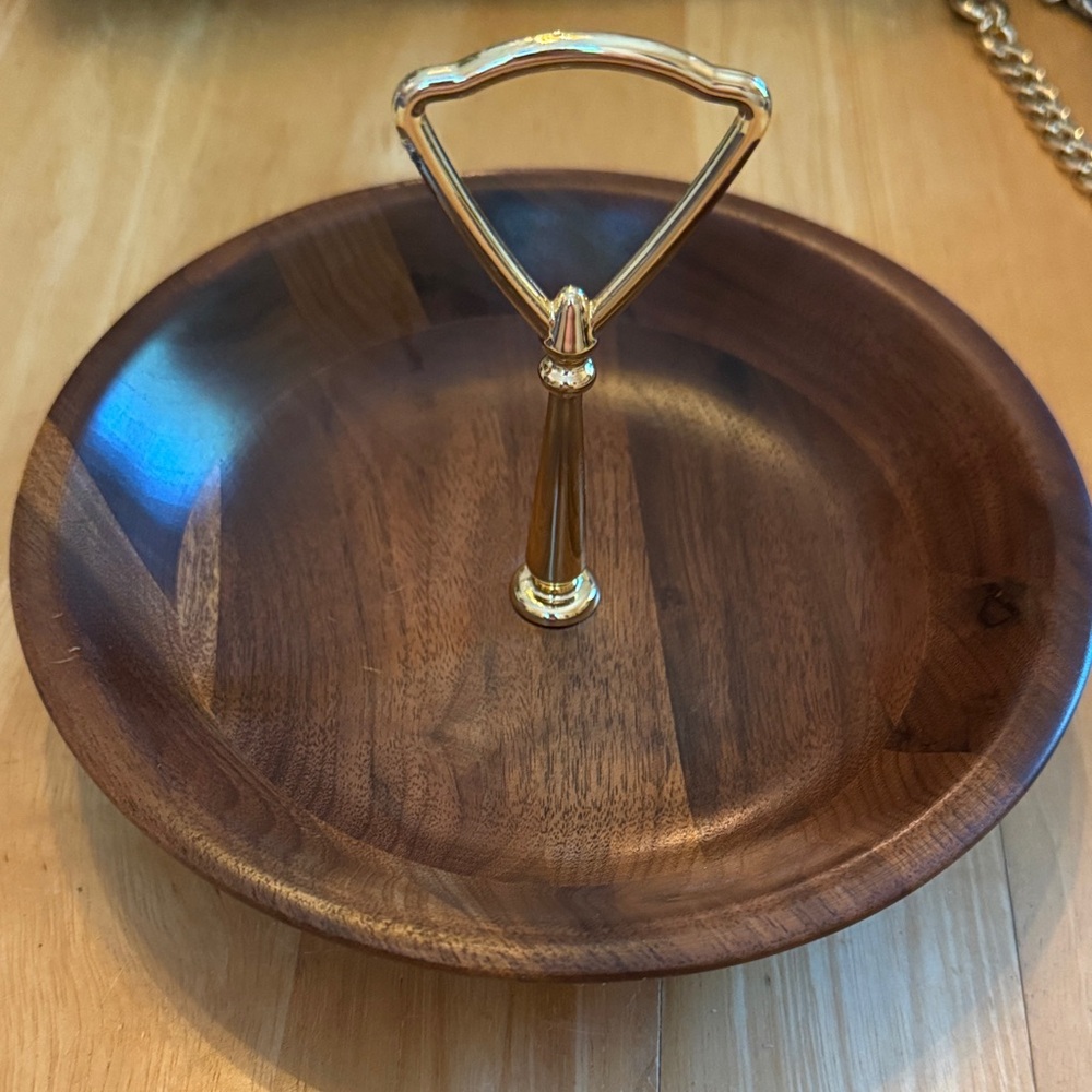 Vintage MCM Ozark walnutware Gold-Handled Wooden Tray Walnut Wood Trinket Dish